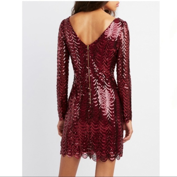 NWT SEXY Scalloped Sequins Burgundy Bodycon Dress - Picture 4 of 6